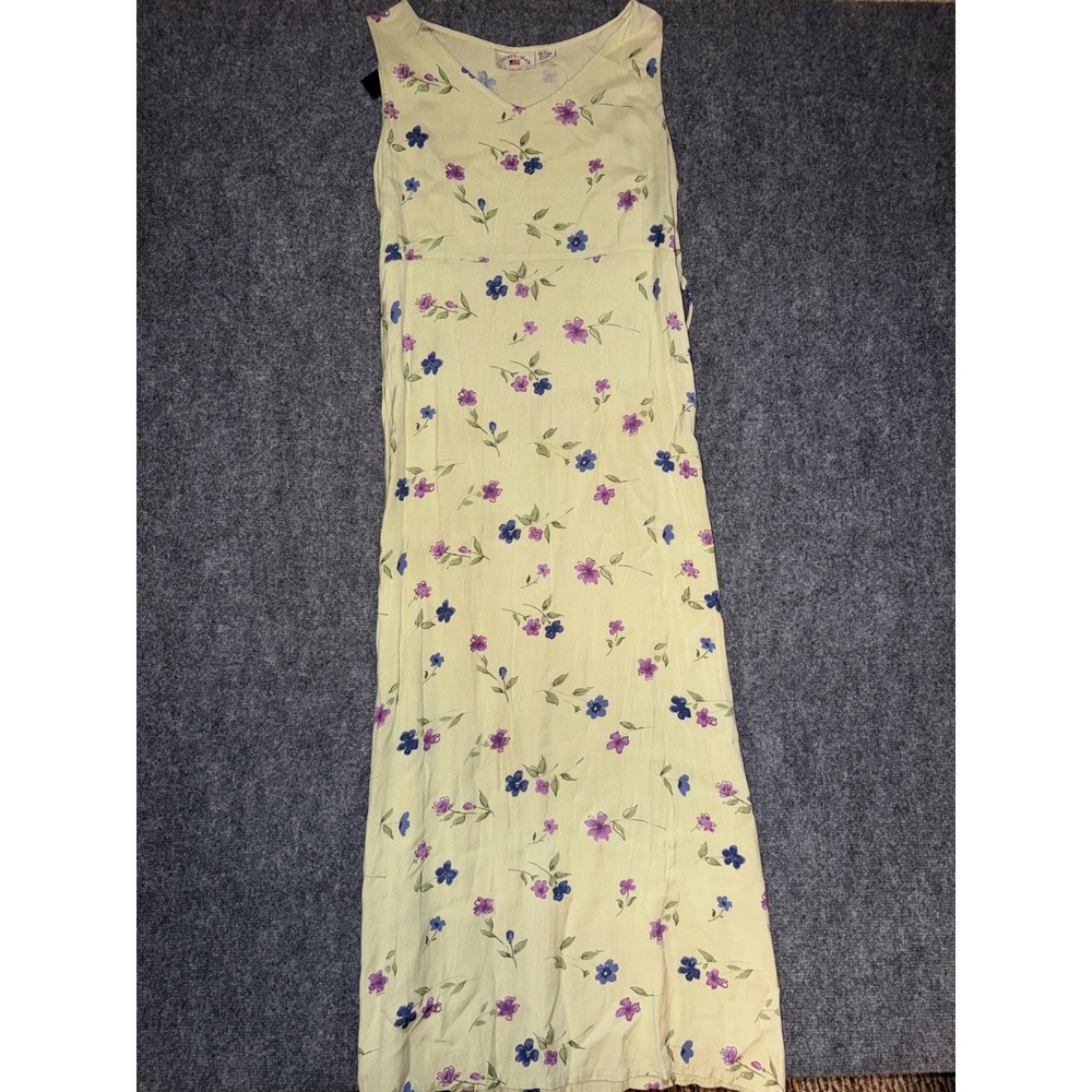 Vintage County Seat Floral Maxi Dress Womens Large Yellow Rayon 90s Boho V-Neck